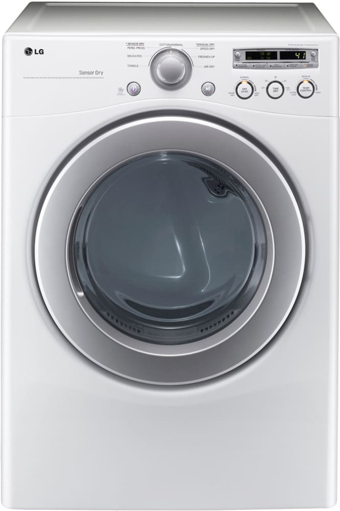 LG DLE2250W 27 Inch Electric Dryer with 7.1 cu. ft. Capacity, 7 Dry Cycles, 8 Options, FlowSense Duct Clogging Indicator and Dual LED Display