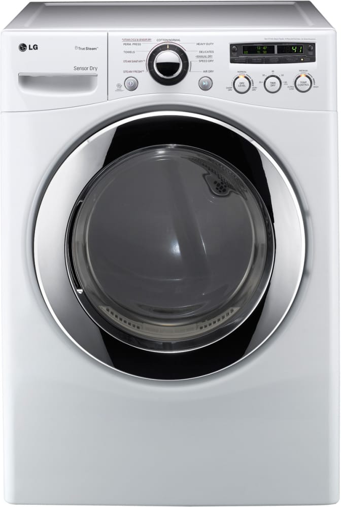 LG DLEX2650W 27 Inch Electric Dryer with 7.3 cu. ft. Capacity, 9 Dry Cycles, 10 Options, Steam Functions, Sensor Dry, Alloy Steel Drum and Dual LED Display: White