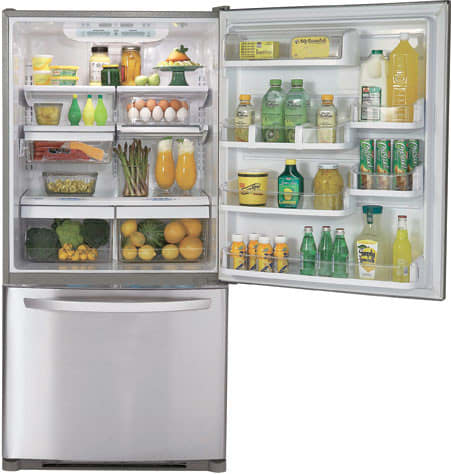 LG LBC22520SW 22.4 cu. ft. Bottom-Freezer Refrigerator with 4 Split Cantilevered Glass Shelves, 5 Design-A-Door Bins, Ice Maker, IcePlus Accelerated Freezing and Swing Freezer Door: Smooth White