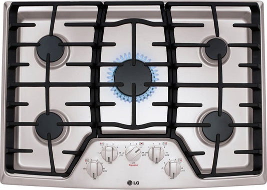 LG LCG3011ST 30 Inch Gas Cooktop with 5 Sealed Burners, Cast Iron Grates, SuperBoil Burner, and Front Center Knob Controls