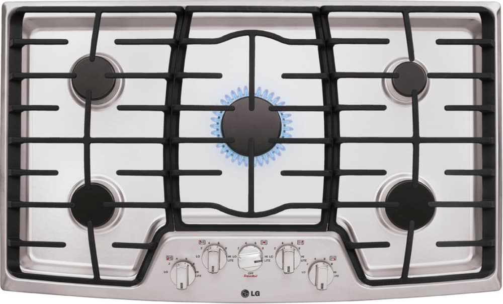 LG LCG3611ST 36 Inch Gas Cooktop with 5 Sealed Burners, Heavy Duty Cast Iron Grates, SuperBoil™, and Front Center Knob Controls: Stainless Steel