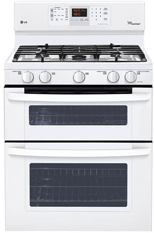 LG LDG3035SW 30 Inch Freestanding Gas Double Oven Range with 5 Sealed Burners,  3.9 cu. ft. Lower Oven, 2.2 cu. ft. Upper Oven, IntuiTouch Controls and Self-Cleaning: White