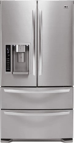 LG LMX25981ST 24.7 cu. ft. French Door Refrigerator with 4 Split Spill-Proof Glass Shelves, Slide-Out/Cantilevered Shelves, External Ice/Water Dispenser, 4 Compartment Crisper System and Double Freezer Drawers: Stainless Steel