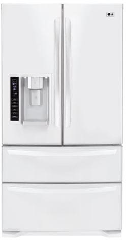 LG LMX25981SW 24.7 cu. ft. French Door Refrigerator with 4 Split Spill-Proof Glass Shelves, Slide-Out/Cantilevered Shelves, External Ice/Water Dispenser, 4 Compartment Crisper System and Double Freezer Drawers: White