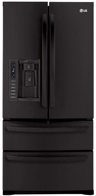 LG LMX25988SB 24.7 cu. ft. French Door Refrigerator with 4 Split Spill Protector Glass Shelves, Double Freezer Drawers, Glide N' Serve Drawer, Energy Star Qualified and External Water/Ice Dispenser: Smooth Black