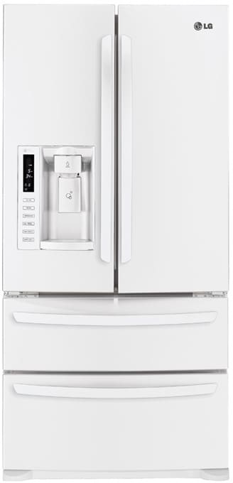 LG LMX25988SW 24.7 cu. ft. French Door Refrigerator with 4 Split Spill Protector Glass Shelves, Double Freezer Drawers, Glide N' Serve Drawer, Energy Star Qualified and External Water/Ice Dispenser: Smooth White