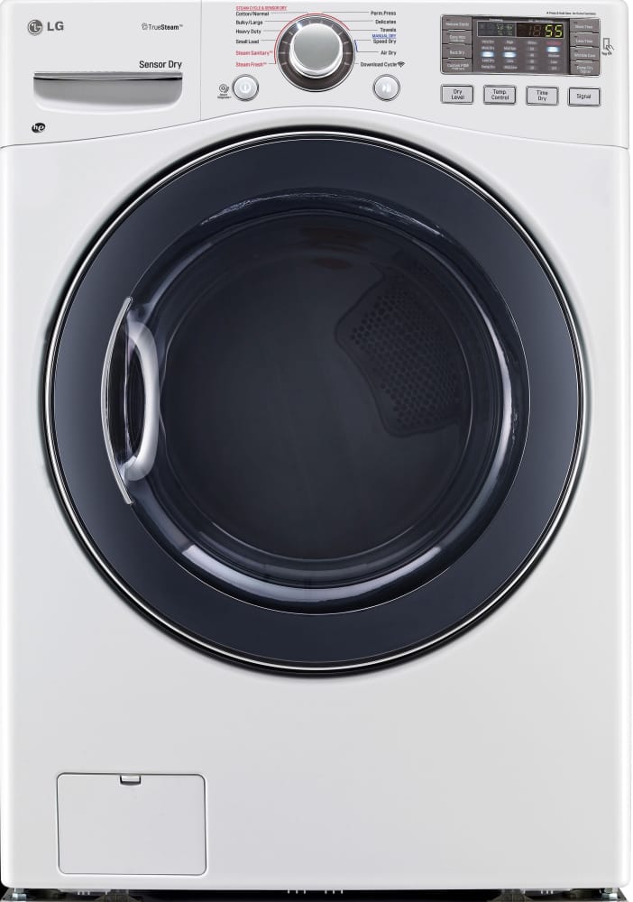 LG DLEX3570W 27 Inch Electric Dryer with TrueSteam™, FlowSense™, SmartDiagnosis™, LoDecibel™ Quiet Operation, Speed Dry Cycle, Wrinkle Care, Sensor Dry, 7.4 cu. ft. Capacity, 10 Drying Programs and Towel Dry Program: White