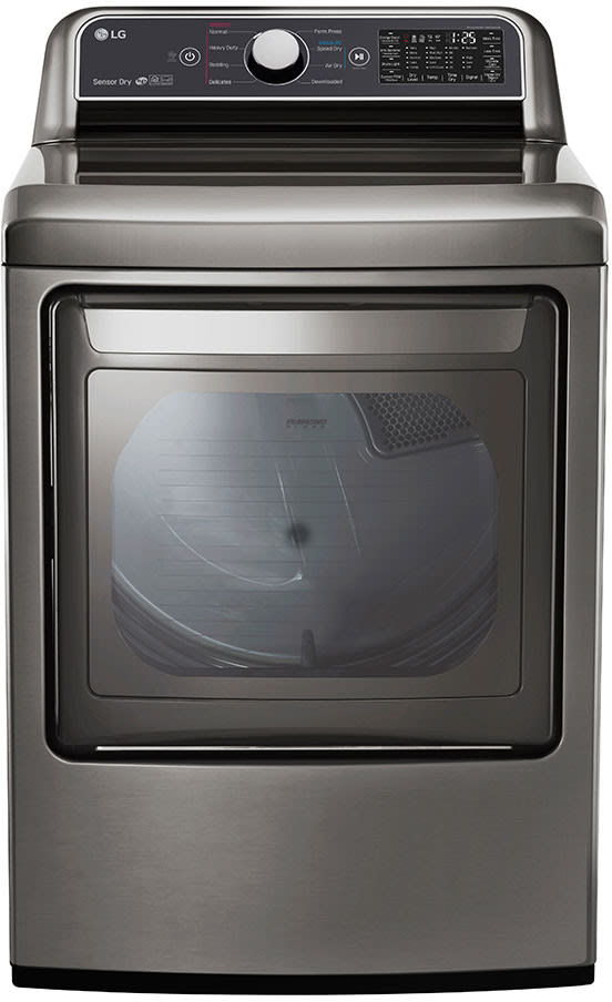 LG DLG7301VE 27 Inch Gas Smart Dryer with 7.3 cu. ft. Capacity, EasyLoad™ Door, Sensor Dry, Voice Activation, SmartThinQ® Technology, FlowSense™ Duct Clogging Indicator, Wrinkle Care Option, Drum Light, and ENERGY STAR®: Graphite Steel