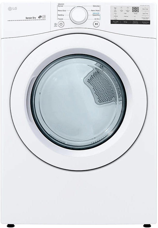 LG DLE3400W 27 Inch Electric Dryer with 7.4 Cu. Ft. Capacity, 8 Dryer Programs, Sensor Dry, Wrinkle Care, LoDecibel™ Quiet Operation, FlowSense™ Duct Clogging Indicator, and Energy Star Certified