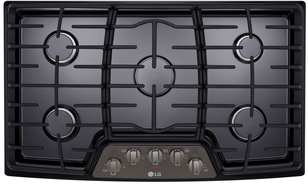 LG LCG3611BD 36 Inch Gas Cooktop with 5 Sealed Burners, Heavy Duty Cast Iron Grates, SuperBoil™, and Front Center Knob Controls: Black Stainless Steel