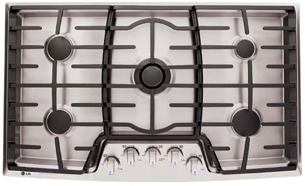 LG LCG3691ST 36 Inch Gas Cooktop with 5 Sealed Burners, 19,000 BTU Center UltraHeat Burner, Cast Iron Continuous Grates, Griddle Plate and Blue LED Backlit Knobs