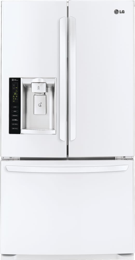 LG LFX25974SW 36 Inch French Door Refrigerator with Slim SpacePlus™ Ice System, Smart Cooling® System, Glide N' Serve® Drawer, External Tall Dispenser, Linear Compressor, SpillProtector™ Shelves, Humidity-Controlled Crispers and ADA Compliant: White