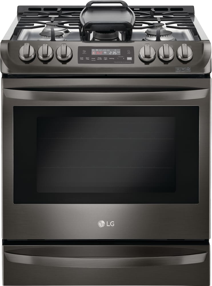 LG LSG4513BD 30 Inch Slide-in Gas Range with 5 Sealed Burners, 6.3 cu. ft. Oven Capacity, ProBake Convection, Storage Drawer, 11 Cooking Modes, EasyClean®, SmartDiagnosis™, UltraHeat Burner™, Griddle, and ADA Compliant: Black Stainless Steel