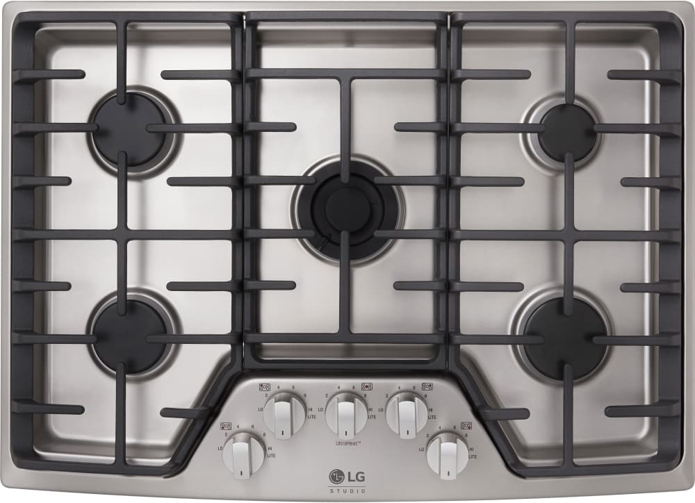 LG LSCG307ST 30 Inch Gas Cooktop with 5 Sealed Burners, Continuous Cast Iron Grates, UltraHeat Dual-Stacked Center Burner, Griddle Accessory, Red Backlit LED Control Knobs, and 2 Warranty: Stainless Steel