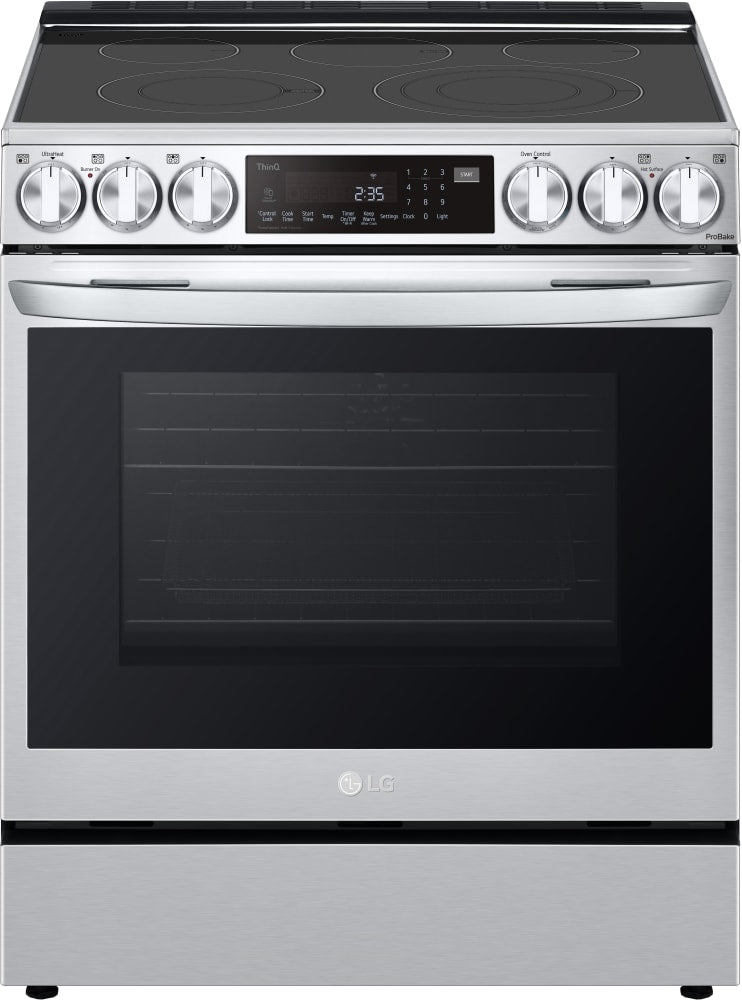 LG LSEL6335F 30 Inch Smart InstaView™ Electric Slide-in Range with 5 Smoothtop Elements, 6.3 Cu. Ft. Oven Capacity, ProBake Convection® with Air Fry, Storage Drawer, 11 Cooking Modes, EasyClean + Self Clean, SmartDiagnosis, and Sabbath Mode