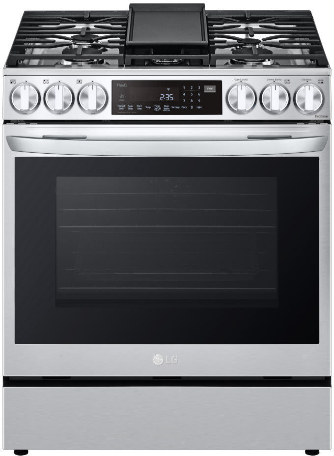 LG LSGL6335F 30 Inch Smart Instaview™ Slide-in Gas Range with 5 Sealed Burners, 6.3 cu. ft. Capacity, ProBake Convection Oven® with Air Fry, UltraHeat Burner™, EasyClean®, 11 Cooking Modes, Griddle, Storage Drawer, and Sabbath Mode