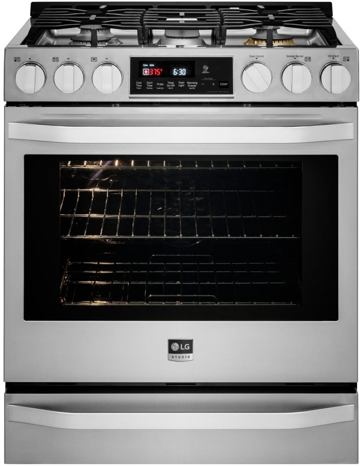 LG LSSG3017ST 30 Inch Slide-In Gas Smart Range with 5 Sealed Burners, 6.3 cu. ft. Oven Capacity, Warming Drawer, ProBake Convection®, Sabbath Mode, EasyClean®, Glass Touch Controls, Wi-Fi Connectivity, Brass Burner, Power Burner and Star-K® Certified