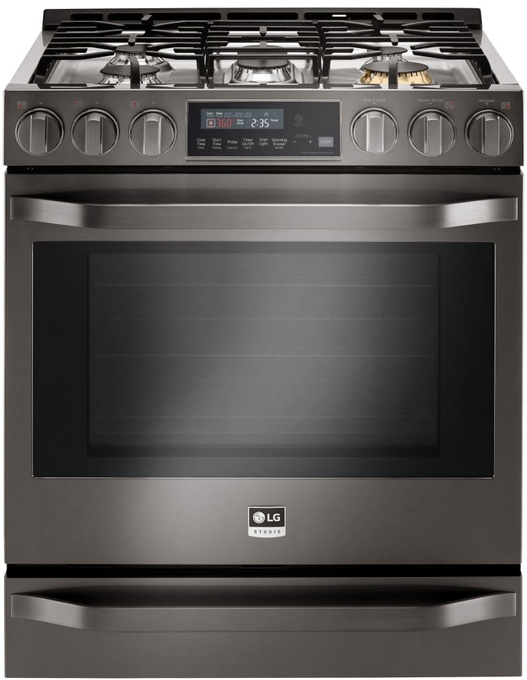 LG LSSG3020BD 30 Inch Smart Slide-In Gas Range with 6.3 cu. ft. Oven Capacity, Warming Drawer, EasyClean®, Power Burner, ProBake Convection®, Wi-Fi Connectivity, Sabbath Mode, and Star-K® Certified: Black Stainless Steel